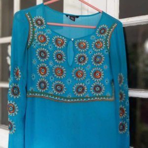 Silk Turquoise top, sequin & embroidery detail, Moda International, S